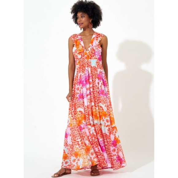 Oliphant Dresses & Skirts - Oliphant Orange Antigua Ruffle V-Neck Tiered Cotton Maxi Dress Sz XS